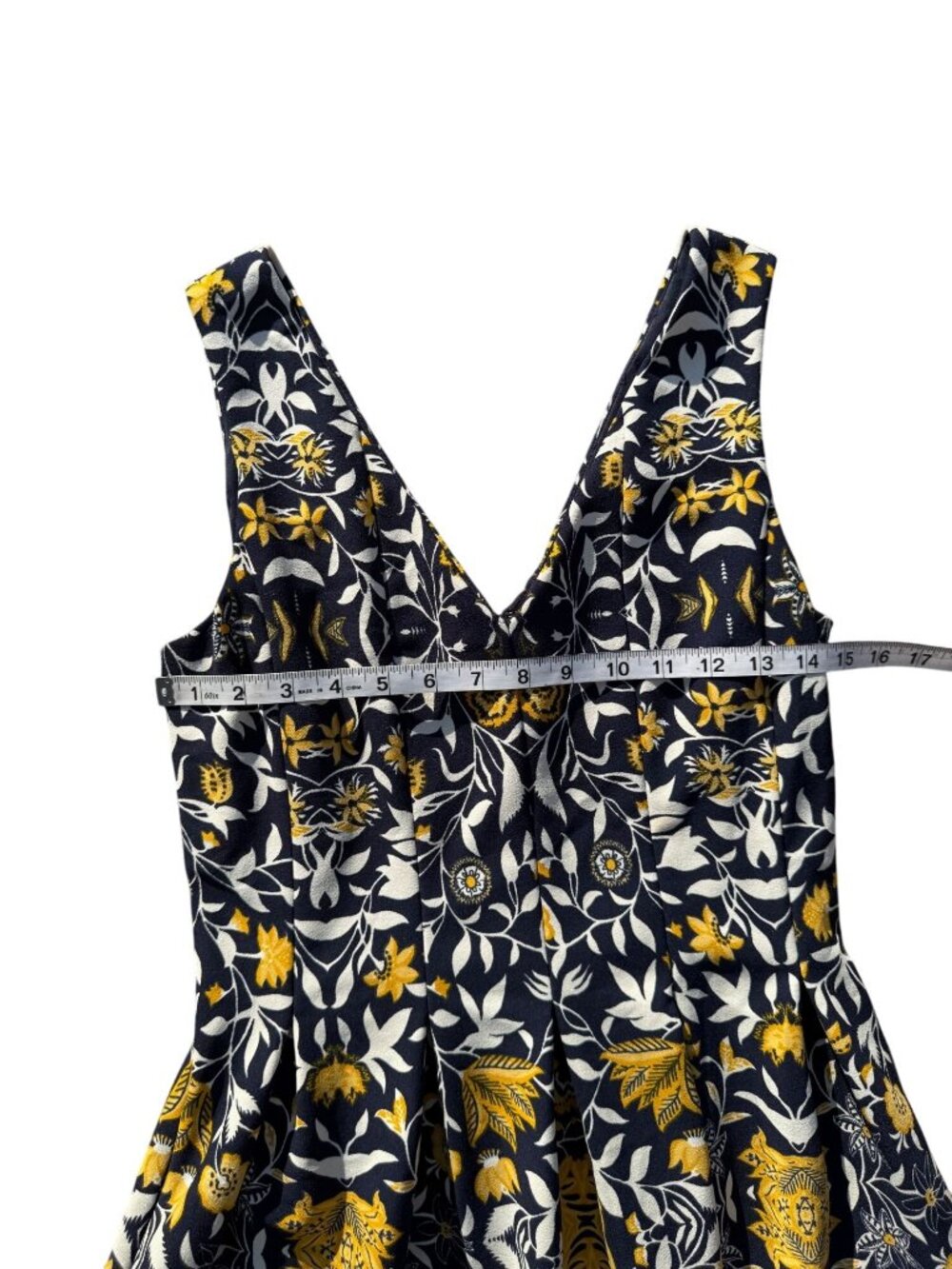 Floral Sleeveless A-Line Dress Navy/Yellow Medium Cotton V-Neck Back Fit & Flare - Picture 4 of 7